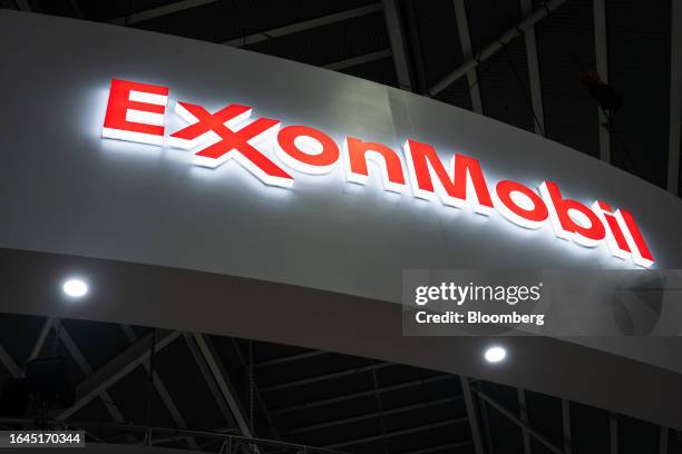 Signage for Exxon Mobil Corp. At the company's booth during the Gastech Exhibition & Conference in Singapore, on Tuesday, Sept. 5, 2023. The...