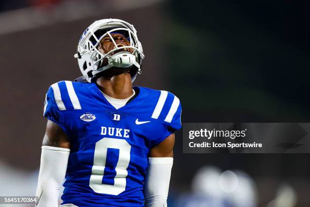 Chandler Rivers of the Duke Blue Devils reacts after a big play during a football game against the Clemson Tigers at Wallace Wade Stadium in Durham,...