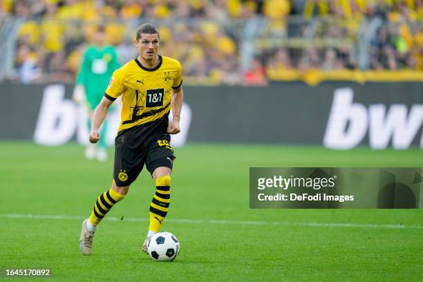 Marcel Sabitzer of Borussia Dortmund controls the ball during the Bundesliga match between Borussia Dortmund and 1. FC Köln at Signal Iduna Park on...