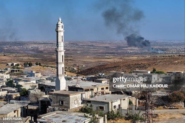 This picture taken on September 4, 2023 shows an aerial view of bombardment in the vicinity of the mostly-abandoned village of al-Fatirah in the...