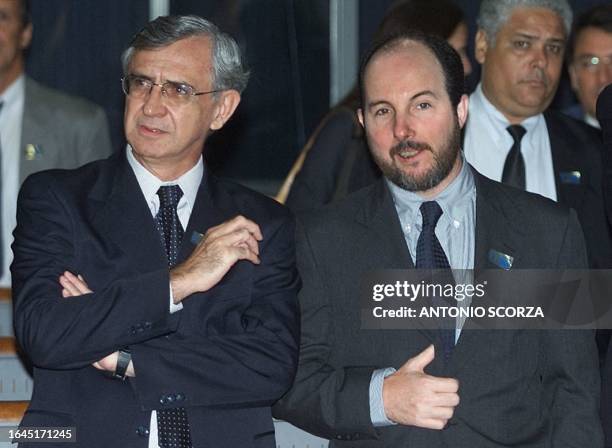 The president of the Central Bank of Brazil, Arminio Fraga , accompanied by the president of Brazil's Banco del Estado de Sao Paulo , Eduardo...