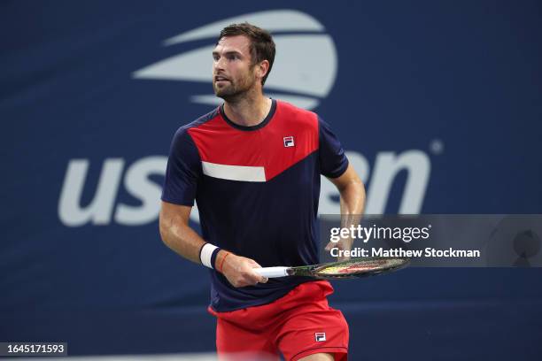Quentin Halys of France looks on against Benjamin Bonzi of France during their Men's Singles First Round match on Day One of the 2023 US Open at the...