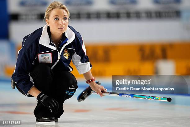 Anna Sloan of Scotland looks on during the Gold medal match between Sweden and Scotland on Day 9 of the Titlis Glacier Mountain World Women's Curling...