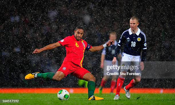 Ashley Williams of Wales in action during the FIFA 2014 World Cup Group A Qualifier match between Scotland and Wales at Hampden Park on March 22,...