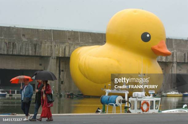 "Canard de bain", un canard gonflable de l'artiste Florentijn Hofman en PVC jaune, haut de 25 mètres et large de 32, a été gonflé, le 07 juillet 2007...