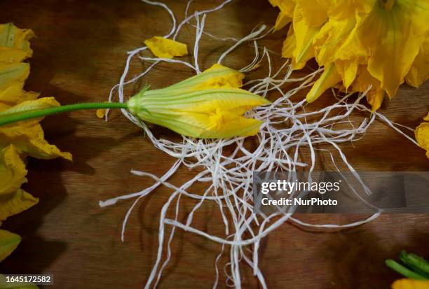View of pumpkin flowers on a table to make bunches with raffia inside a house in Tlahuac, Mexico City. The squash flower is bright and colorful, and...