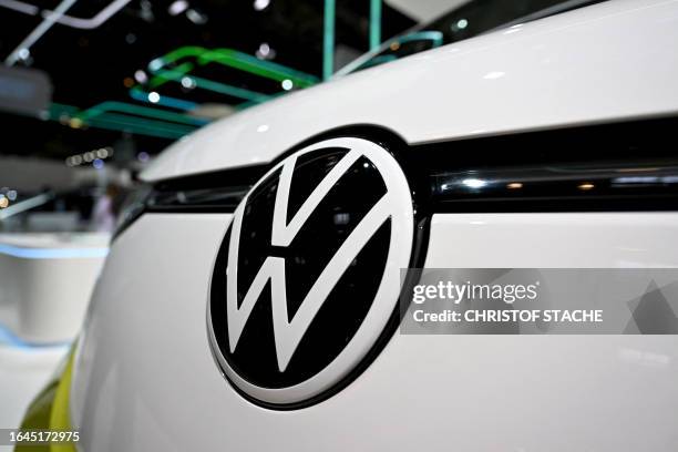 The logo of German car maker Volkswagen is seen on the front of a Volkswagen ID. Buzz Pro electric van at the International Motor Show in Munich,...