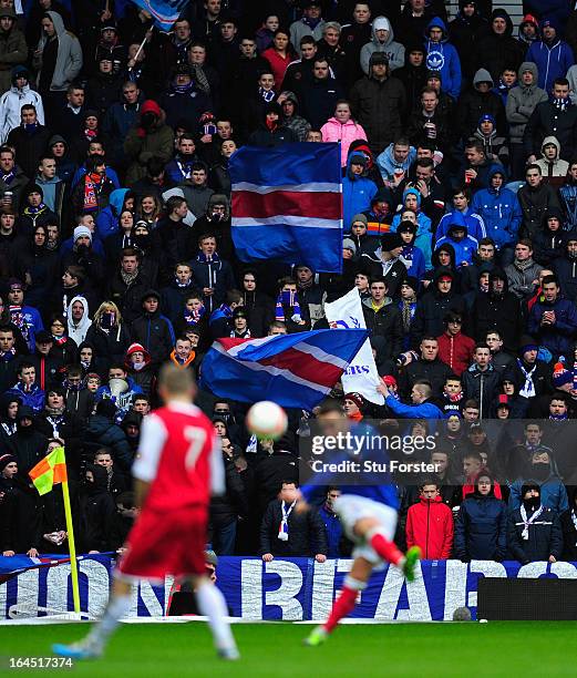 Rangers fans show their support during the IRN-BRU Scottish Third Division match between Rangers and Stirling Albion at Ibrox Stadium on March 23,...