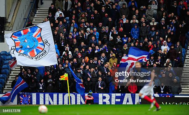 Rangers fans show their support during the IRN-BRU Scottish Third Division match between Rangers and Stirling Albion at Ibrox Stadium on March 23,...