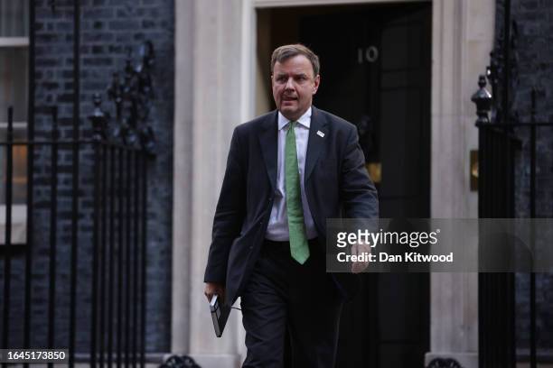 Conservative Party Chairman Greg Hands leaves a cabinet meeting at 10 Downing Street on September 5, 2023 in London, England.
