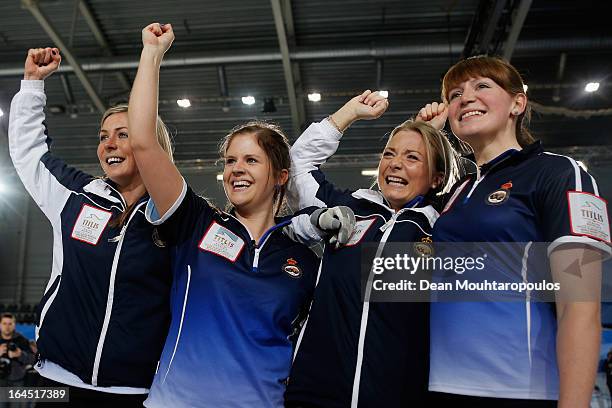 Eve Muirhead, Anna Sloan, Vicki Adams and Claire Hamilton celebrates after winning the Gold medal match between Sweden and Scotland on Day 9 of the...