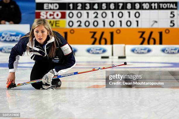 Eve Muirhead of Scotland watches the final shot to win the Gold medal match between Sweden and Scotland on Day 9 of the Titlis Glacier Mountain World...