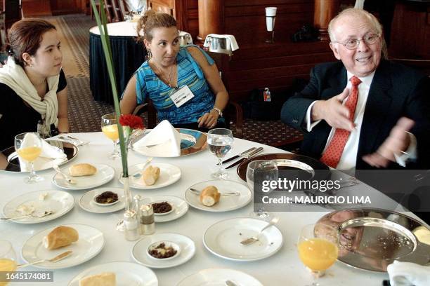 Guy Tozzoli , the president of the World Trade Center , who is nominated for the Nobel Peace Prize, is eatting breakfast with reporters 11 October...
