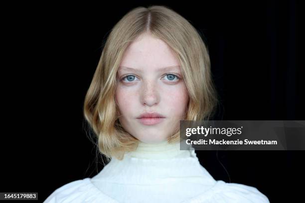 Model poses backstage ahead of the Rory William Docherty show during New Zealand Fashion Week 23: Kahuria at Viaduct Events Centre‎ on August 29,...