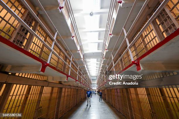 View of a prison cell block at Alcatraz Island in San Francisco Bay is the home of Alcatraz Federal Penitentiary on August 15, 2023 in San Francisco,...