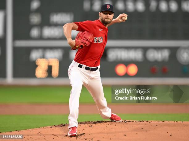 Chris Sale of the Boston Red Sox pitches against the Houston Astros during the first inning at Fenway Park on August 28, 2023 in Boston,...