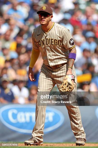 Manny Machado of the San Diego Padres anticipates a pitch during a game against the Milwaukee Brewers at American Family Field on August 27, 2023 in...