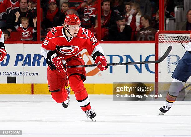 Jussi Jokinen of the Carolina Hurricanes skates for position on the ice during their NHL game against the Florida Panthers at PNC Arena on March 19,...