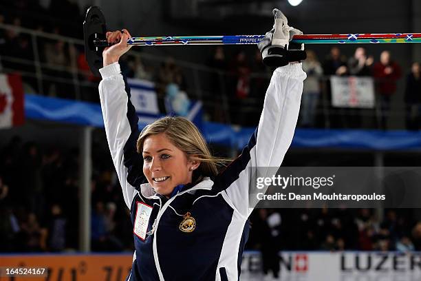 Eve Muirhead of Scotland celebates after the final shot to win the Gold medal match between Sweden and Scotland on Day 9 of the Titlis Glacier...