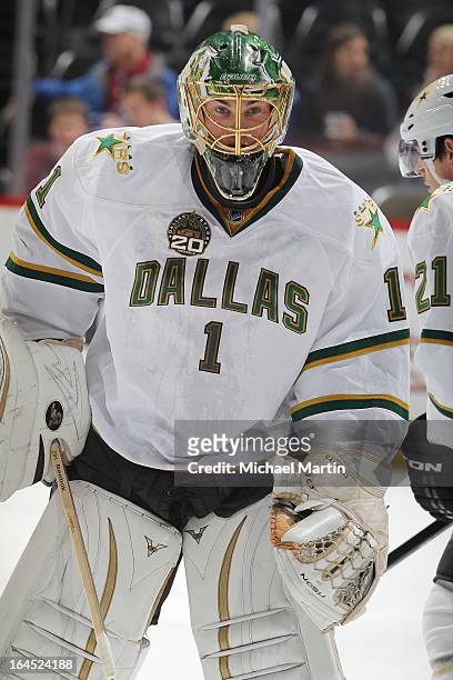 Goaltender Jack Campbell of the Dallas Stars skates prior to the game against the Colorado Avalanche at the Pepsi Center on March 20, 2013 in Denver,...