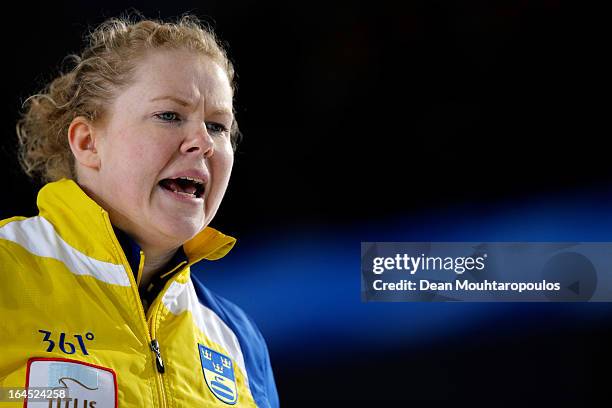 Margaretha Sigfridsson of Sweden screams instructions to team mates during the Gold medal match between Sweden and Scotland on Day 9 of the Titlis...