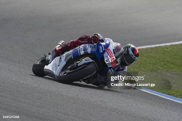 Jorge Lorenzo of Spain and Yamaha Factory Racing rounds the bend during the MotoGP Tests In Jerez - Day 3 at Circuito de Jerez on March 24, 2013 in...