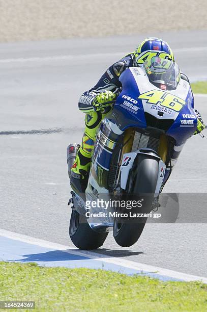 Valentino Rossi of Italy and Yamaha Factory Racing lifts the front wheel during the MotoGP Tests In Jerez - Day 3 at Circuito de Jerez on March 24,...
