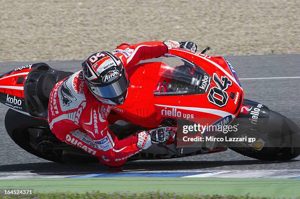 Andrea Dovizioso of Italy and Ducati Marlboro Team rounds the bend during the MotoGP Tests In Jerez - Day 3 at Circuito de Jerez on March 24, 2013 in...