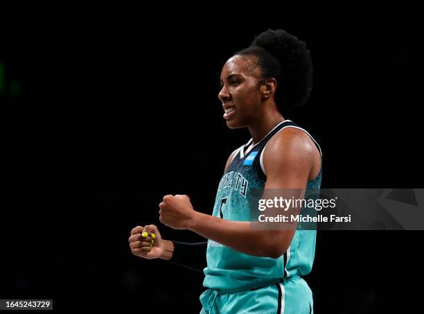 Kayla Thornton of the New York Liberty reacts during a game against the Las Vegas Aces at Barclays Center on August 28, 2023 in New York City.