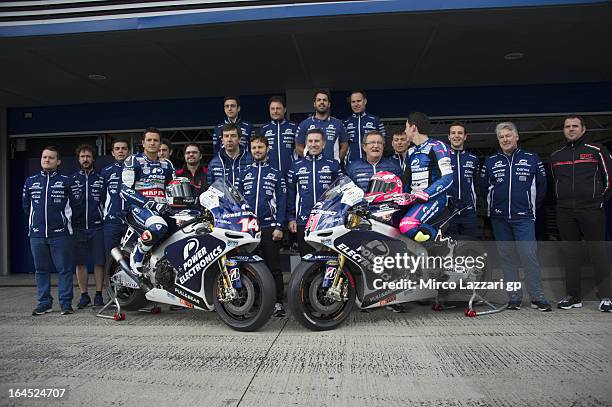 The Power Electronics Aspar Team pose for photographers during the MotoGP Tests In Jerez - Day 3 at Circuito de Jerez on March 24, 2013 in Jerez de...