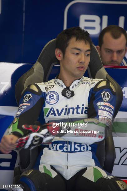 Hiroshi Aoyama of Japan and Avintia Blusens looks on in box during the MotoGP Tests In Jerez - Day 3 at Circuito de Jerez on March 24, 2013 in Jerez...