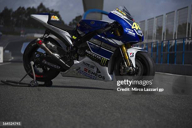 The bike of Valentino Rossi of Italy and Yamaha Factory Racing parks in pit during the MotoGP Tests In Jerez - Day 3 at Circuito de Jerez on March...
