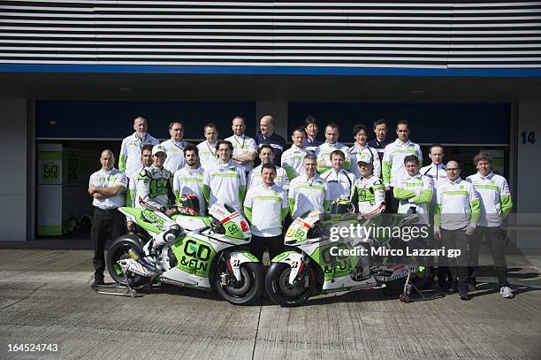 The Go&Fun Honda Gresini Team pose for photographers during the MotoGP Tests In Jerez - Day 3 at Circuito de Jerez on March 24, 2013 in Jerez de la...