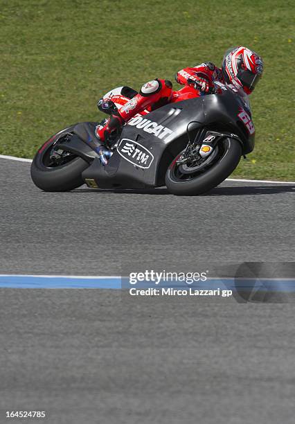 Nicky Hayden of USA and Ducati Marlboro Team rounds the bend during the MotoGP Tests In Jerez - Day 3 at Circuito de Jerez on March 24, 2013 in Jerez...