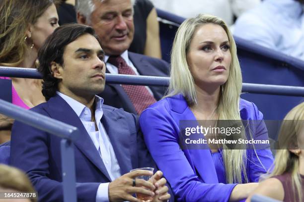 American former World Cup alpine ski racer Lindsey Vonn and boyfriend Diego Osorio look on during the Women's Singles First Round match between Coco...