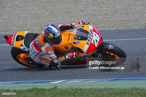 Dani Pedrosa of Spain and Repsol Honda Team rounds the bend during the MotoGP Tests In Jerez - Day 3 at Circuito de Jerez on March 24, 2013 in Jerez...
