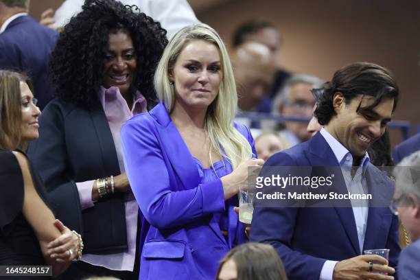 American former World Cup alpine ski racer Lindsey Vonn and boyfriend Diego Osorio are seen during the Women's Singles First Round match between Coco...