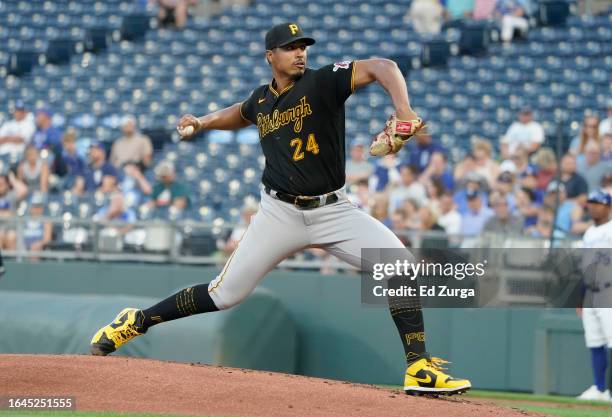 Johan Oviedo of the Pittsburgh Pirates pitches in the first inning against the Kansas City Royals at Kauffman Stadium on August 28, 2023 in Kansas...