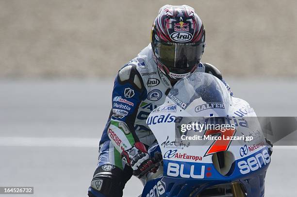 Hiroshi Aoyama of Japan and Avintia Blusens heads down a straight during the MotoGP Tests In Jerez - Day 3 at Circuito de Jerez on March 24, 2013 in...