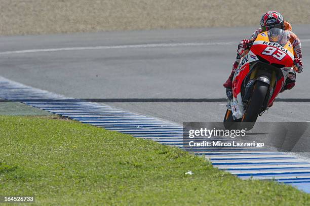 Marc Marquez of Spain and Repsol Honda Team heads down a straight during the MotoGP Tests In Jerez - Day 3 at Circuito de Jerez on March 24, 2013 in...