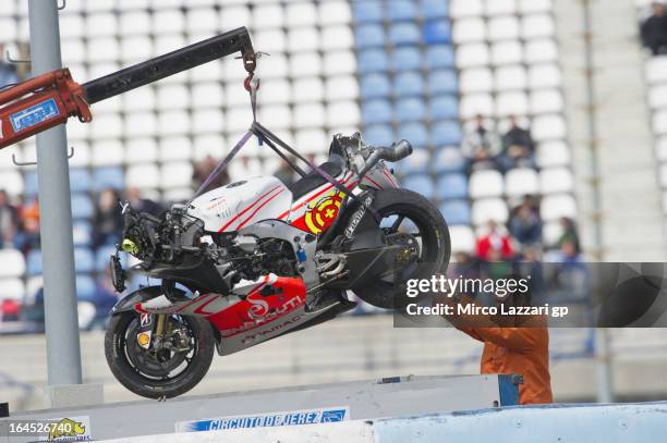 The bike of Andrea Iannone of Italy and Energy T.I. Pramac Racing Team with marshall after crash during the MotoGP Tests In Jerez - Day 3 at Circuito...