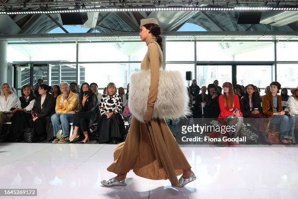 Model walks the runway during the Rory William Docherty show during New Zealand Fashion Week 23: Kahuria at Viaduct Events Centre‎ on August 29, 2023...