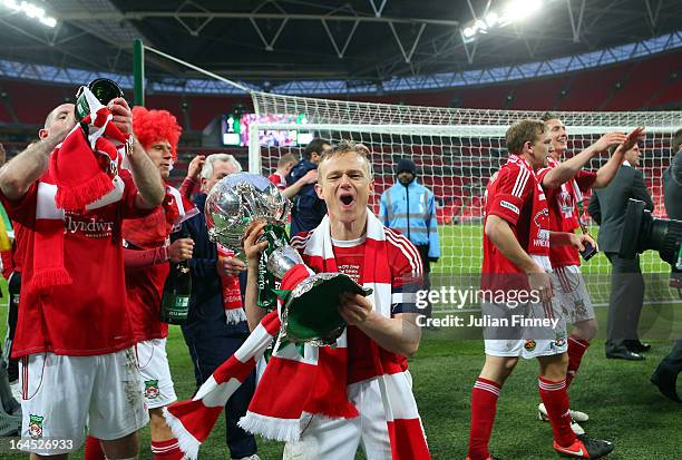 Captain Dean Keates of Wrexham celebrates with the trophy during the FA Trophy Final match between Wrexham and Grimsby Town at Wembley Stadium on...