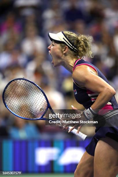 Laura Siegemund of Germany celebrates a point against Coco Gauff of the United States during their Women's Singles First Round match on Day One of...