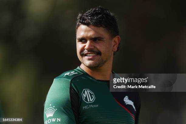 Latrell Mitchell smiles during a South Sydney Rabbitohs NRL Training Session at USANA Rabbitohs Centre on August 29, 2023 in Sydney, Australia.