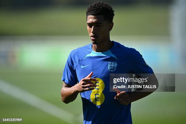 England's midfielder Jude Bellingham attends an England football team training session at St George's Park in Burton-Upon-Trent, on September 5, 2023...