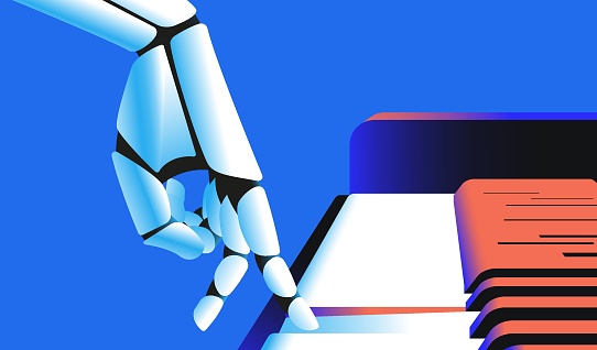 Robotic hand playing piano vector illustration fan promotion music strategy