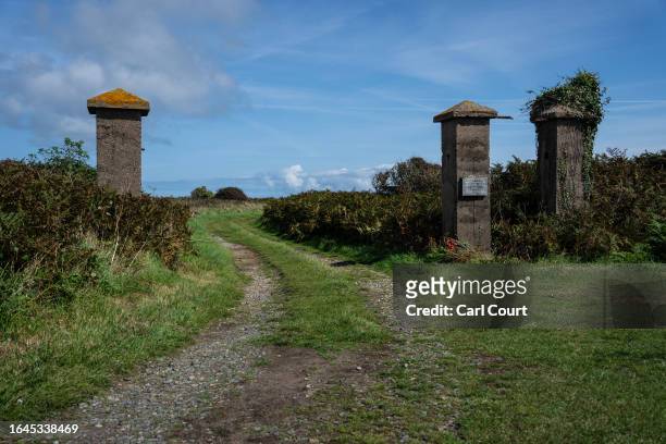 Gate posts mark the entrance to Lager Sylt Nazi concentration camp, one of four camps that were built on Alderney during World War II, on September...