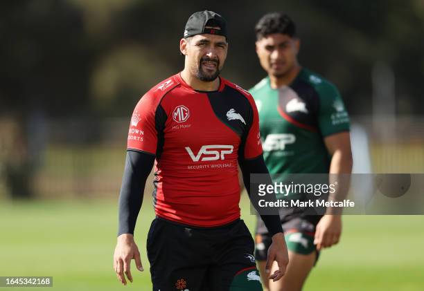 Cody Walker looks on during a South Sydney Rabbitohs NRL Training Session at USANA Rabbitohs Centre on August 29, 2023 in Sydney, Australia.