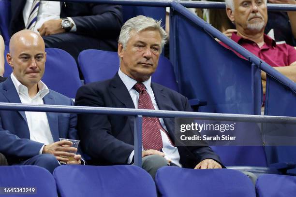 American actor Alec Baldwin looks on during the Women's Singles First Round match between Coco Gauff of the United States and Laura Siegemund of...